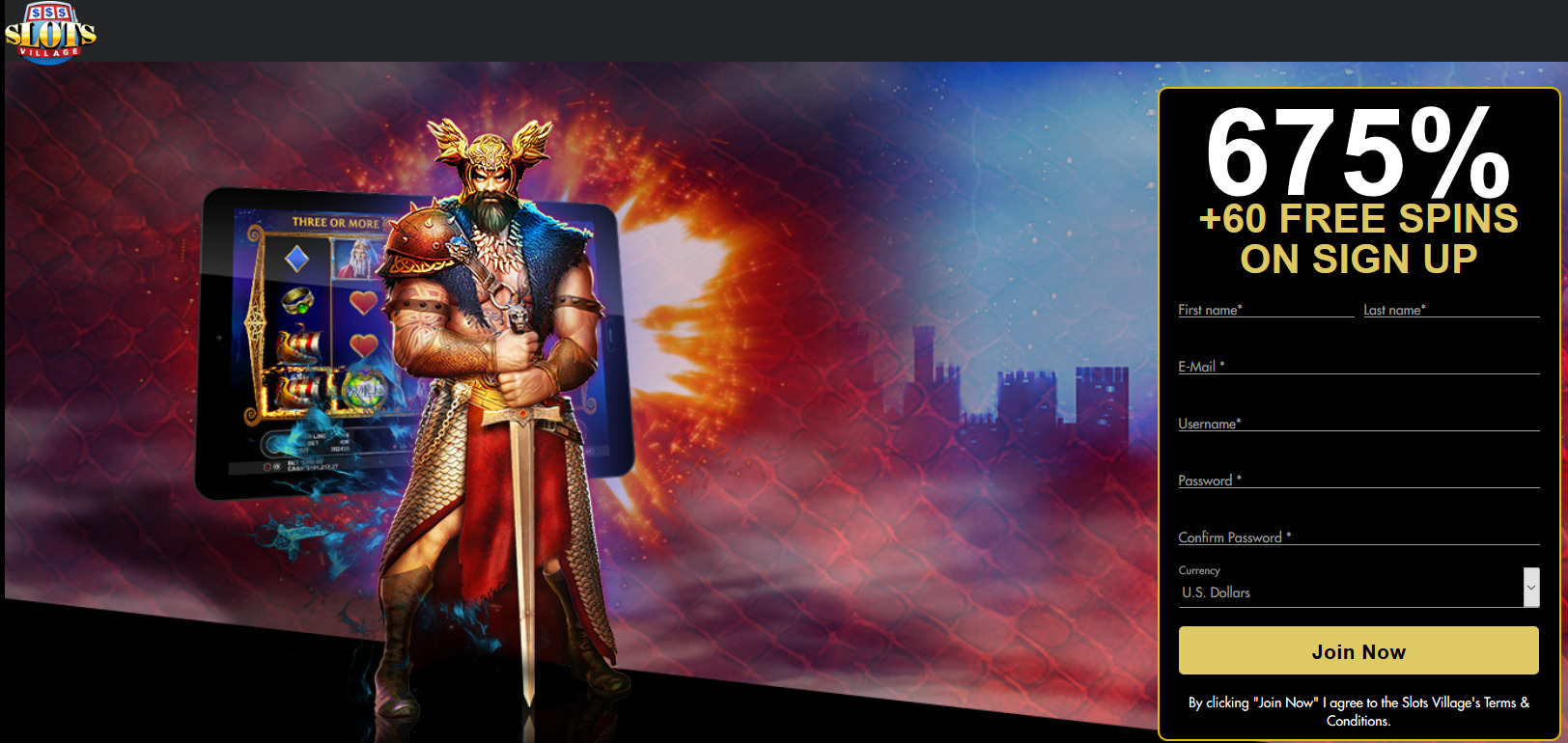 Slots Village Casino 675% + 60 free spins. Game: Beowulf